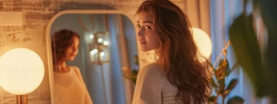 A Woman Standing In Front Of A Mirror, Visibly Relieved As She Sees Her Once Sparse Hair Now Thick And Healthy Thanks To The Management Of Her Diffuse Hair Loss.