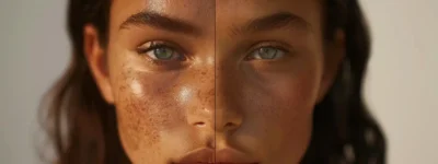 A Woman'S Face Half Covered In Dark Pigmentation, Half Glowing With Clear, Radiant Skin After Melasma Treatments.