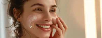 Clear-Skinned Woman Smiling Confidently While Applying Acne Treatment Cream To Her Face.